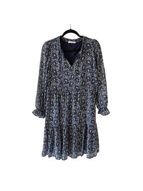 Prato Floral Navy Blue Long-Sleeve Shift Dress Size 1 Smocked Neck Cuffs Flowy